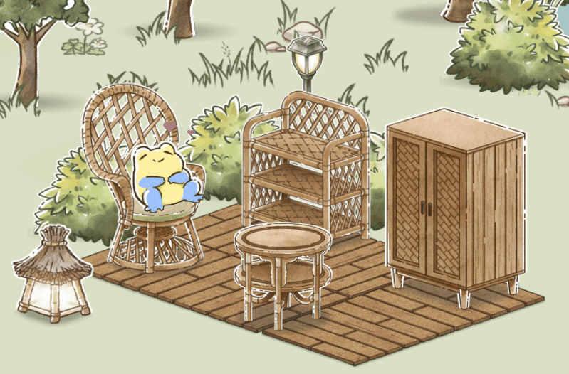 A frog resting in a high rattan chair, surrounded by rattan furniture