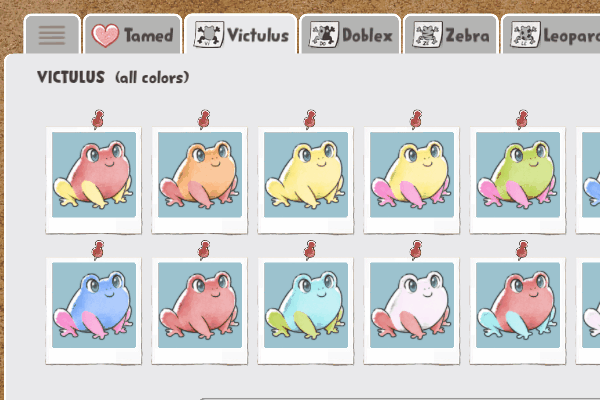 Various frogs in the frogedex, scrolling through tabs