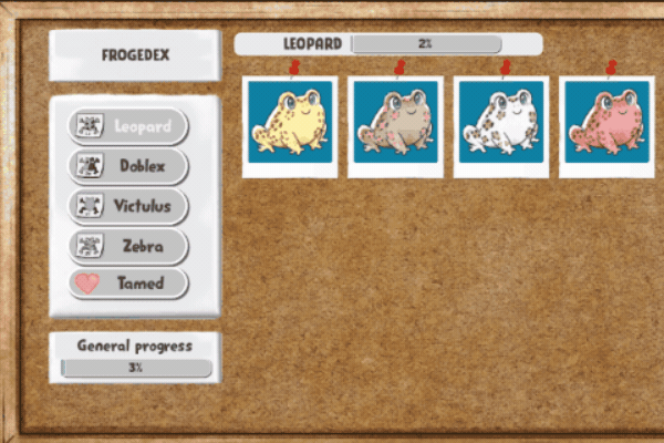 Various frogs in the frogedex, scrolling through tabs